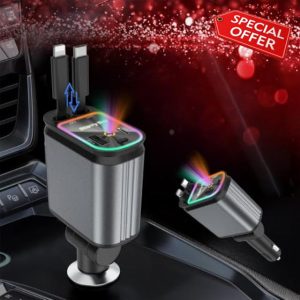 4 in 1 Car Charger Retractable Car Charger 66W Fast USB C Car with Starry Sky Light 180° Adjustable Car Charger Compatible for iPhone 15/14/13/12 Galaxy S24/S23 Android Devices–Cars
