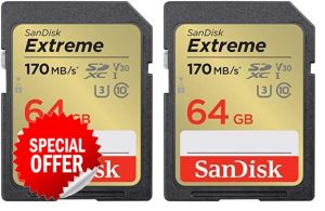 SanDisk 64GB Extreme SDXC card + RescuePro Deluxe up to 170 MB/s UHS-I Class 10 U3 V30 (Pack of 2)