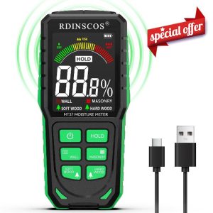 Rechargeable Pinless Moisture Meter Damp Meter for Walls with LCD Colour Display Non-Invasive Moisture Detector Digital Damp Tester for Caravan