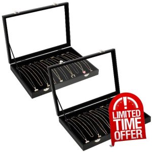 Kurtzy 2 Pack Black Velvet Necklace Jewellery Organise Storage Display Case Box Tray with 20 Hooks and Lockable Glass Lid - Stackable Tray for Drawer - For Necklaces