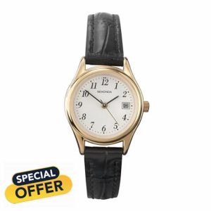 Sekonda Womens 27mm Robinson Analogue 3 Hand Classic Quartz Watch Gold Case with White Dial Date Window and Black Leather Strap 30m Water Resista