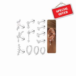 Adramata 12Pcs Helix Piercing Jewellery Surgical Steel Tragus Earrings Set Flat Back Earrings Stud Flower Ear Piercing Helix Hoop Cartilage Earrings Silver Gold Conch Daith Tragus Piercing Jewellery