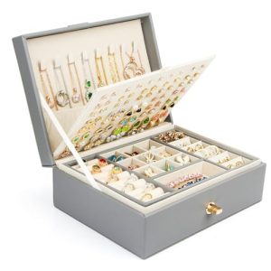 3 Layer Large Jewellery Storage Case for Rings Earrings Necklace Bracelets Faux Leather Jewelry Gift Box (Grey)