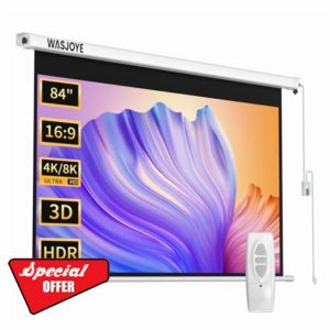 WASJOYE 84"Motorized Projector Screen Electric Diagonal Automatic Projection 16:9 8K HD Movies Screen for Home Theater Cinema Office Video Game Indoor W/Remote Control and Wall/Ceiling Mou
