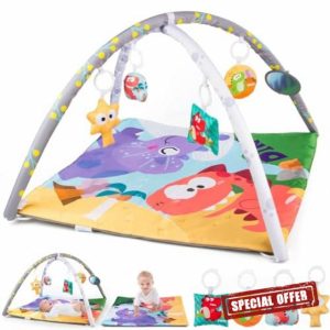 Soft Square Baby Play Mat with Foam Arches & Sensory Toys - Play Gym for Tummy Time