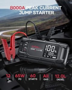 FLYLINKTECH 8000A Peak 26800mAh Car Battery Booster Jump Starter Bank with PD65W Fast Charging for All Gas or 12L Diesel