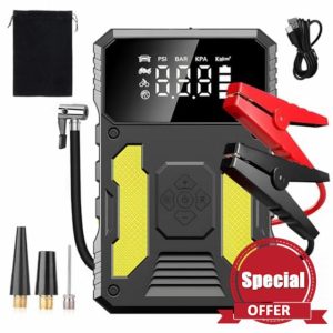 Car Jump Starter Power Pack with Air Compressor 6000A Portable Battery Charger Booster Jump Box Jumper Power Pack Emergency Start Power Bank with LED Flashlight & LED Display(Yellow)