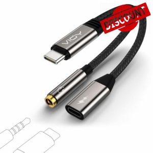 VIOY USB C to 3.5mm Headphone and Charger Adapter-2 in 1 Type C to Aux and Charger Splitter with PD 60W Fast Charging and Data Transfer for iPhone 16/15 Pro
