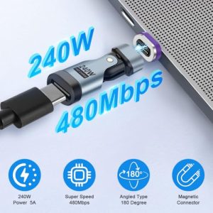 240W 9-Pin 540° Rotation USB C Magnetic Adapter with 2 Micro USB Magnetic head