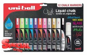 uni-ball Liquid Chalk Pens. Multi-Purpose Wipeable and Erasable Coloured Markers for Blackboards Chalkboards Whiteboards Glass Mirrors Plastic Windows Metal. Non Toxic. Multipack Set of 12