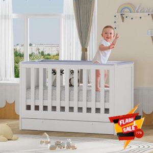 Cot Bed Bedside Baby Crib with Changing Table Toddler Bed for Baby with Adjustable Base Teething Rail Large Drawer Convertible Baby Bed Nursery Furniture Newborn Essentials up to 3 Years (White)