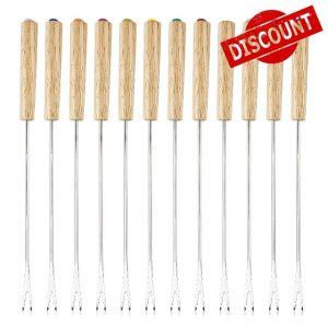 12 Pcs Stainless Steel Fondue Forks with Heat-Resistant Oak Wooden Handles 9.2 Inch