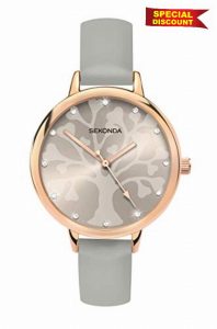 Sekonda Womens 35mm Analogue Classic Quartz Watch with Rose Gold Case Tree Patterned Dial with Stone Set Markers and Grey PU Strap