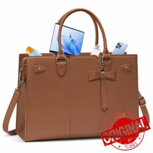 RAINSMORE Laptop Bags for Women PU Leather Work Bags for Women Tote Bag Large Handbag Shoulder Bag for Office Bussiness 15.6 Inch Dark Brow