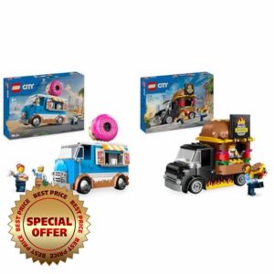 LEGO City Donut Truck Toy + Burger Van Building Toys Mobile Food Stand & Food Truck Toys for 5+ Year Old Boys & Girls 60452 + 60404