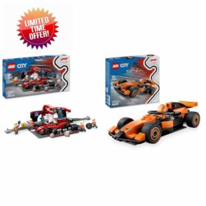 LEGO City F1 Pit Stop & Pit Crew with Ferrari Car + F1 Driver with McLaren Race Car Toys Formula 1 Set for Motorsport Fans 60443 + 60442