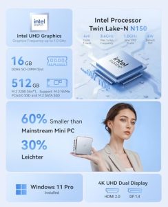 Mini PC Twin Lake-N N150(up to 3.6GHz) 16GB DDR4 512GB M.2 SSD Mini Computer Mini Desktop Computer