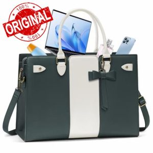 Laptop Bags for Women PU Leather Work Bags for Women Tote Bag Large Handbag Shoulder Bag for Office Bussiness 15.6 Inch Dark Green and Beige