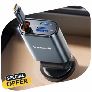 Lamicall 3 in 1 Retractable Car Charger Adapter -【2025 Ultra Compact】50W Cigarette Lighter USB Charger