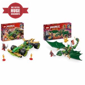 LEGO NINJAGO Lloyd’s Pull-Back Race Car Toy + Lloyd’s Green Forest Dragon Figure Imaginative Play Dragons Rising Fans 71828 + 71829