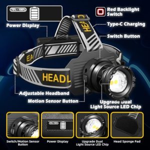 50000LM Super Bright Zoomable 6 Modes LED Headtorch with Red Warning Light