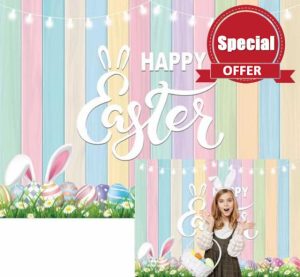 XCKALI Colorful Wood Easter Backdrop Colorful Eggs Rabbit Green Grass Happy Easter Photography Background Party Decoration 7x5FT