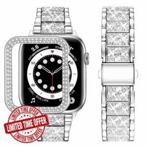 wutwuk Compatible with Apple Watch Straps 40mm Women & Girls Metal Sparkling iWatch Straps with Bling Case Replacement Rhinestone Glitter Wristband for Apple Watch Series SE 2 SE 6 5 4 -Silver 40mm