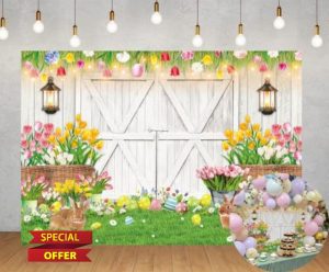 Happy Easter Backdrop Spring White Barn Door Bunny Floral Colorful Eggs Photography Background Kids Children Family Garden Easter Party Bridal Wedding Decorations (7x5FT)