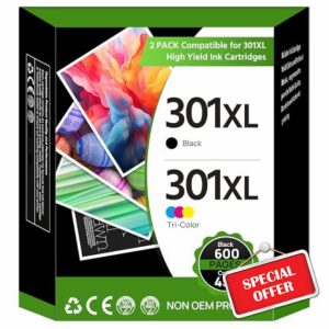 301XL Ink Cartridges 2-Pack Black and Colour Combo Pack Remanufactured for HP 301XL for Envy 4500 5530 5532 4502 4507 DeskJet 2540 2050 1050 OfficeJet 2620 2622 4630 4632 All in One Printe
