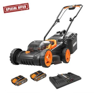 Worx WG779E.2 40V 34cm Cordless Lawnmower – Ideal for Small to Medium Gardens (Up to 400㎡) – Includes 2x 2.0Ah Batteries & Charger – Cut-to-Edge