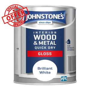 Johnstone's - Quick Dry Gloss Finish - Brilliant White - Water Based - Interior Wood & Metal - Radiator Paint - Low Odour - Dry in 1-2 Hours - 13m2 Coverage per Litre - 1.25 L