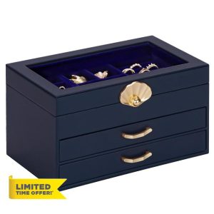 Enthralite Jewellery Box with 2 Drawers : Jewellery Display Organiser for Earrings Necklaces - Gift for Girls Women | Dark Blue