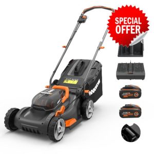 Worx WG743E.1 40V 40cm Cordless Lawnmower – Ideal for Medium to Large Gardens (Up to 500㎡) – Includes 2x 4.0Ah Batteries & Charger – IntelliCut™