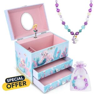 Musical Jewellery Box for Girls - Blue Memaid Music Box with 2 Pullout Drawers