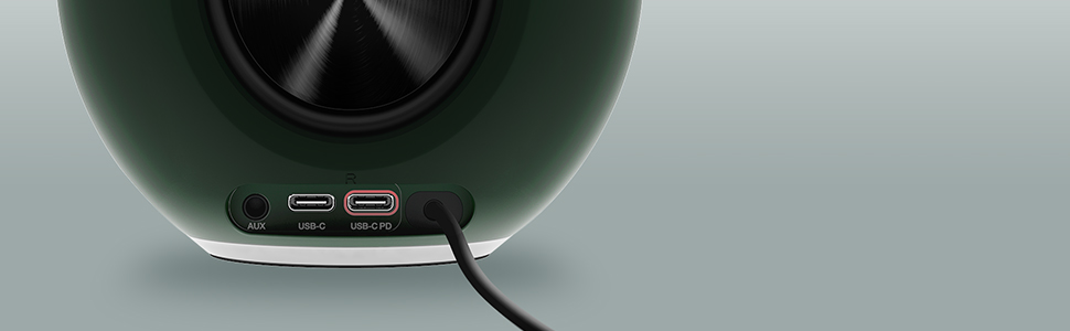 creative pebble pro's back image showing aux, usb-c, usb-c pd ports
