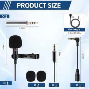 Clip-On Microphone Omnidirectional Mini Lapel Mic wired phone microphone with 1.5m 3.5 mm Connector for Gaming Recording Interview Video Conference Podcast Voice Dictation Phone