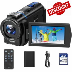 CAMWORLD 4K Video Camera Camcorder 48MP YouTube Vlogging Camera Night Vision 3” 270° Rotatable Touchscreen Podcast Camcorder Video Recorder with 32GB SD Card