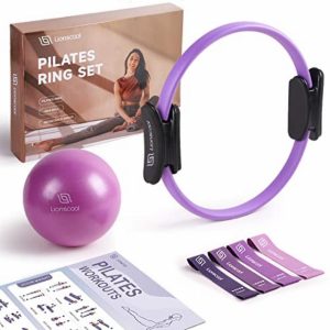 LIONSCOOL Pilates Ring Set - Premium14”Magic Circle with Dual Padded Handles - Includes Pilates Mini Ball & Highly Elastic Resistance Bands & Workout Guide & Bag