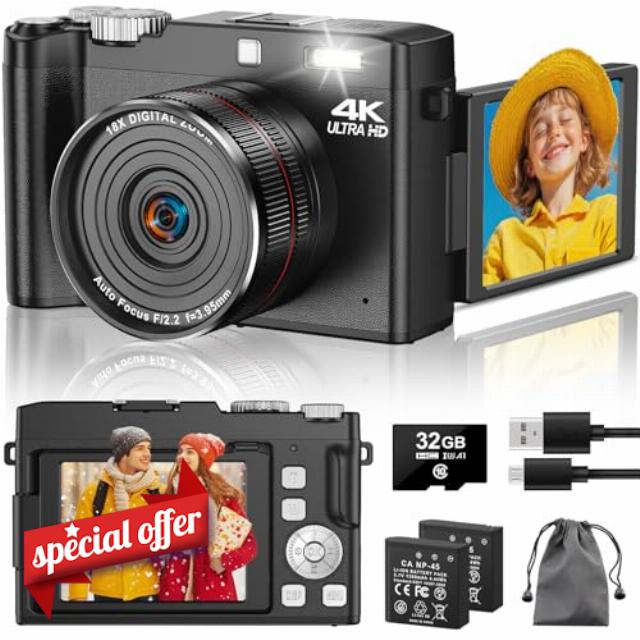 Digital Camera 4K 64MP Autofocus Vlogging Cameras with 32GB Card & Macro Function