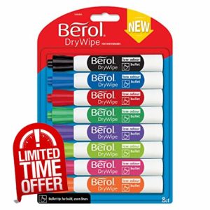 Berol Dry Wipe Whiteboard Marker Pens | Bullet Tip | Assorted Colours | 8 Count Dry Erase Markers