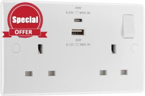 BG Electrical Double Switched Power Wall Plug Socket with Super Fast Charge Type A & C USB Charging Ports
