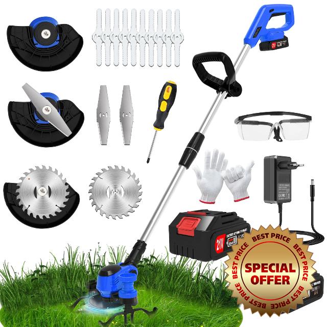 Cordless Strimmer 21V Battery Strimmer Lightweight Garden Strimmer with 2pcs Batteries&13pcs Blade&removable Wheels Brush Cutter Height adjustable Electric Strimmer for Gardens Lawns