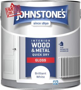 Johnstone's - Quick Dry Gloss - Brilliant White - Gloss Finish - Water Based - Interior Wood & Metal - Radiator Paint - Low Odour - Dry in 1-2 Hours - 25m2 Coverage per Litre - 2.5 L