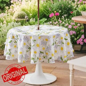 SUCHDECO Outdoor Round Tablecloth 150cm Table Cloth Wipe Clean Waterproof Floral Table Cover with Parasol Hole and Zipper Wipeable Tablecloths for Garden Table