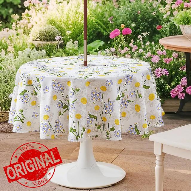 SUCHDECO Outdoor Round Tablecloth 150cm Table Cloth Wipe Clean Waterproof Floral Table Cover with Parasol Hole and Zipper Wipeable Tablecloths for Garden Table