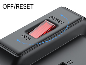 Black electrical outlet or power strip with safety features illustrated by blue icons showing over-voltage, short-circuit, over-current, and over-heat protection.