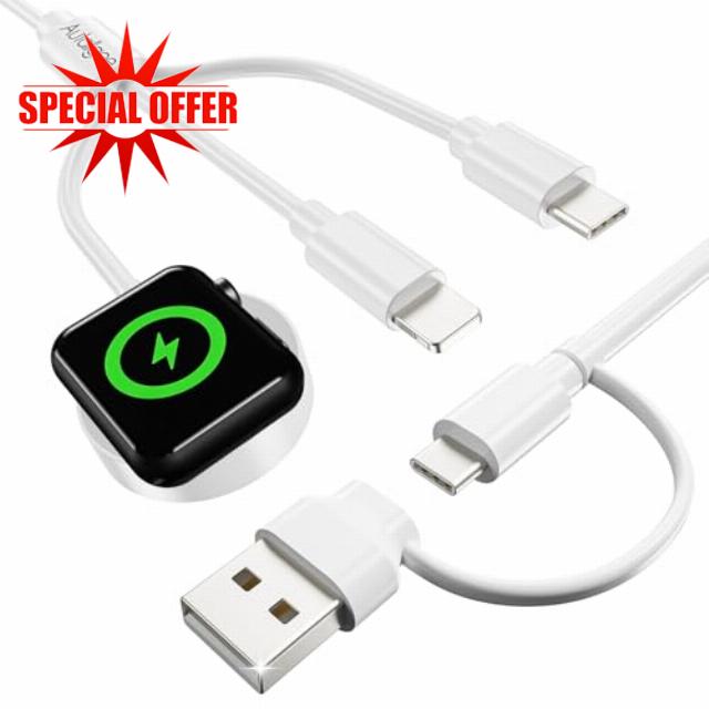 Multi Charger Cable 3 in 2 for Apple Watch iWatch Charger USB C/A Travel Essentials Fast Charging Compatible with iWatch Series 10/Ultra/SE/9/8/7/6/5/4/3/2 & iPhone 16/15/14/13/SE/Galaxy S25 125cm