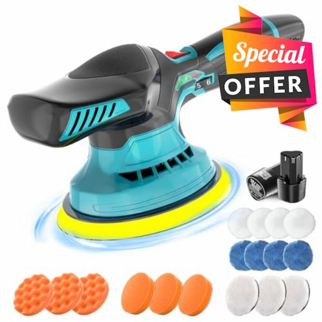 BUANKAD Cordless Car Buffer Polisher 12V - 6 Inch Car Buffer with 6 Variable Speed & 2 X 3000mAh Battery - 6000RPM Portable Dual Action Polisher for Car Detailing Waxing Polishing Scratch Removing