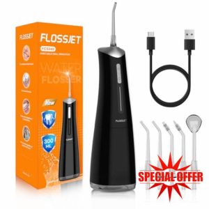 FlossJet Water Dental Flosser for Teeth Cordless with 300ML 4 Cleaning Modes 5 Jet Tips Portable Oral Irrigator USB-Powered Electric Flosser IPX7 Waterproof Irrigator Dental for Home and Travel Black