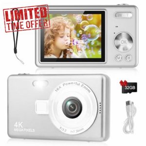 Digital Camera - 1080P FHD 44MP with 2.4" LCD Screen Compact Portable Vlogging Photo Camera with 32gb SD Card 16X Digital Zoom for Kids Teen Students Beginner (Upgrade Silver)